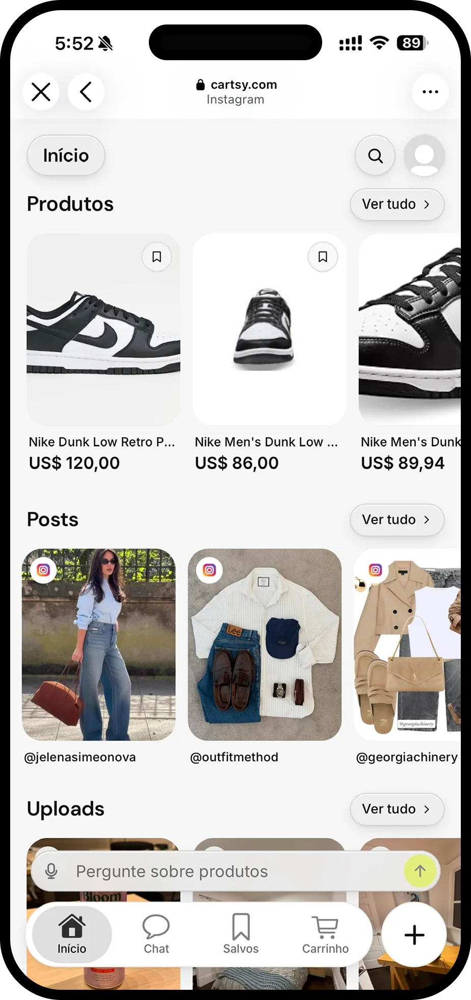 Tela inicial da Cartsy com produtos, posts e uploads