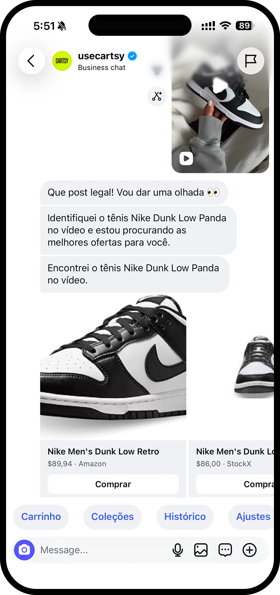 Cartsy respondendo com ofertas de produtos em um chat do Instagram