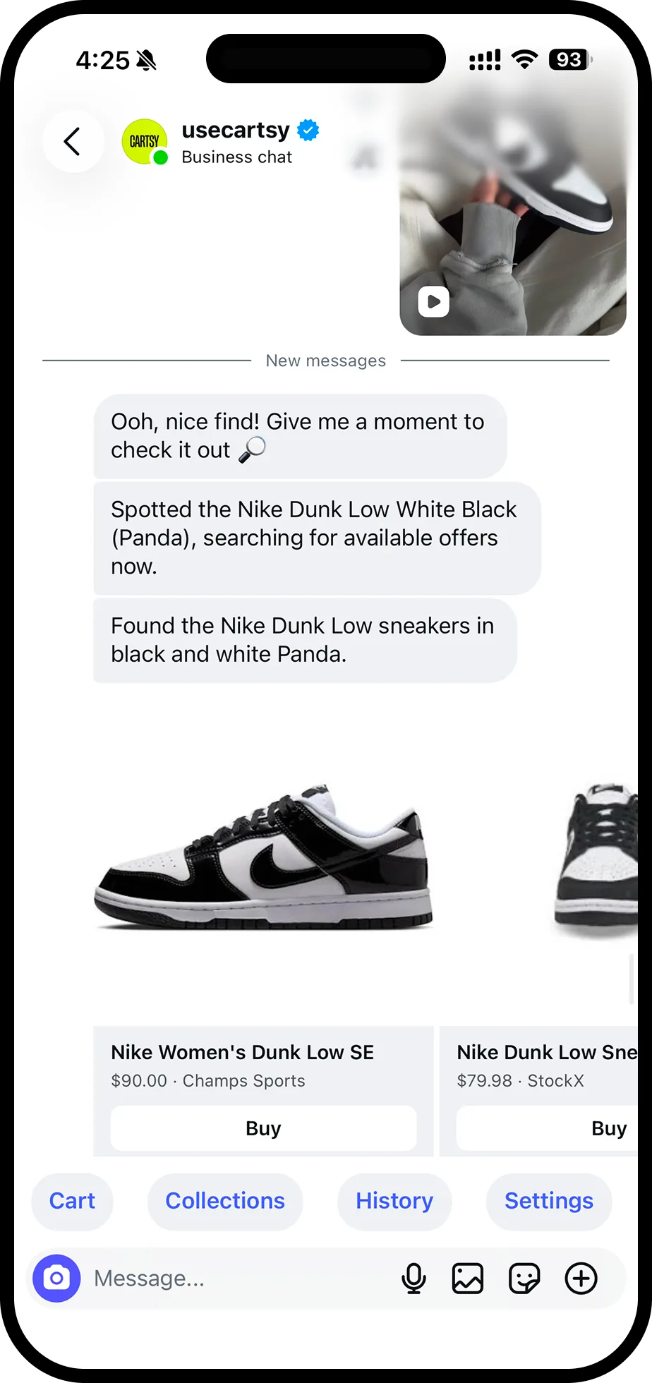 Cartsy replying with product offers in an Instagram chat