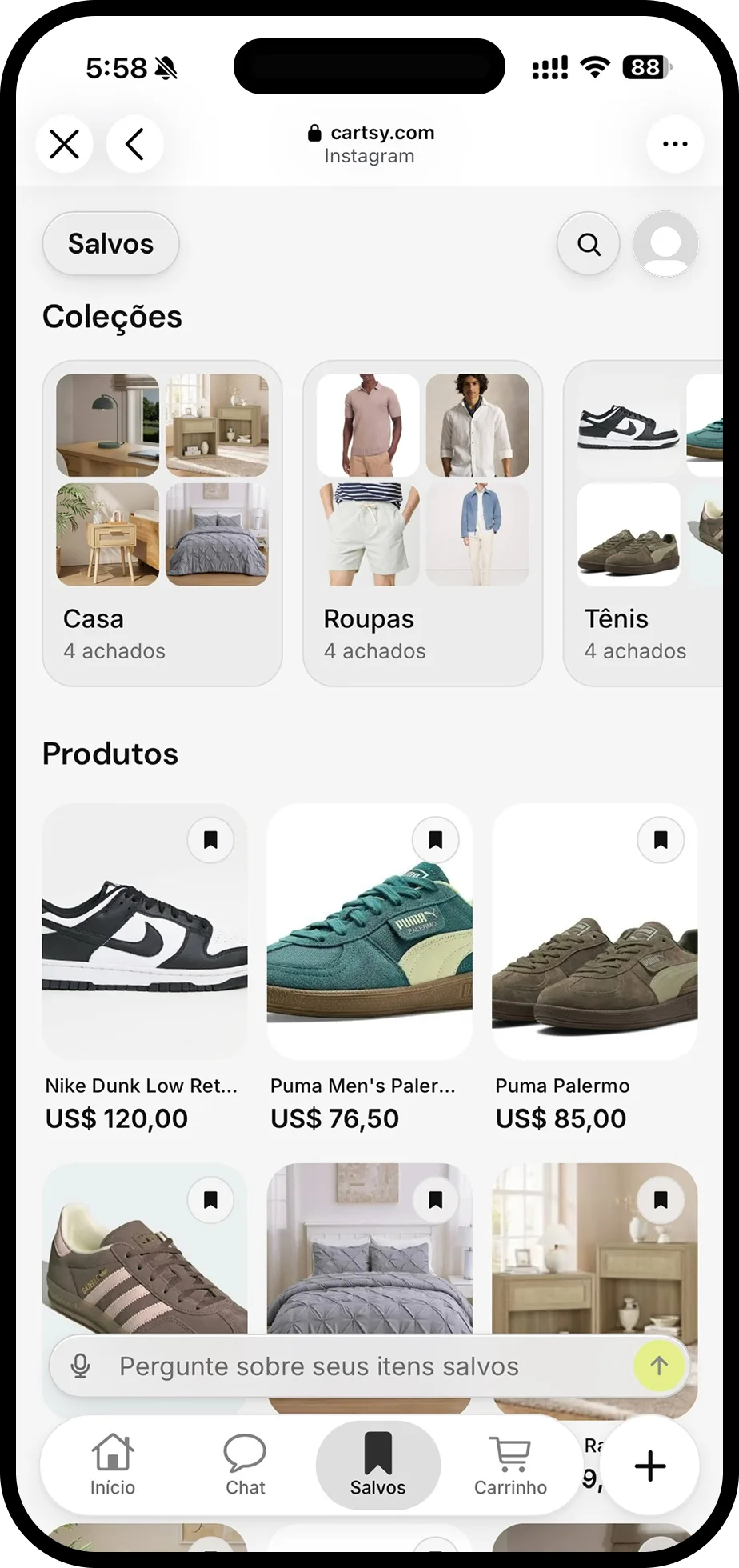 Produtos salvos organizados em coleções na Cartsy