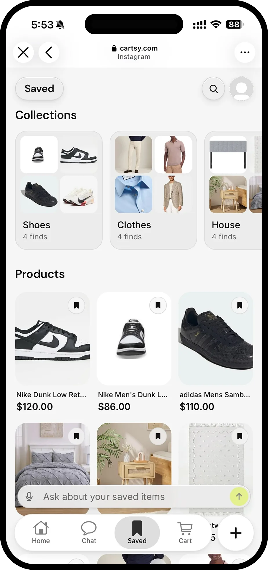 Saved products organized into collections in Cartsy